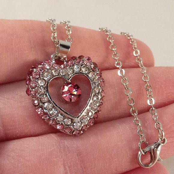 Silver Plated Heart Layered Rose Pink Diamond Crystal Necklace .66ctw Party Gift - Picture 2 of 4